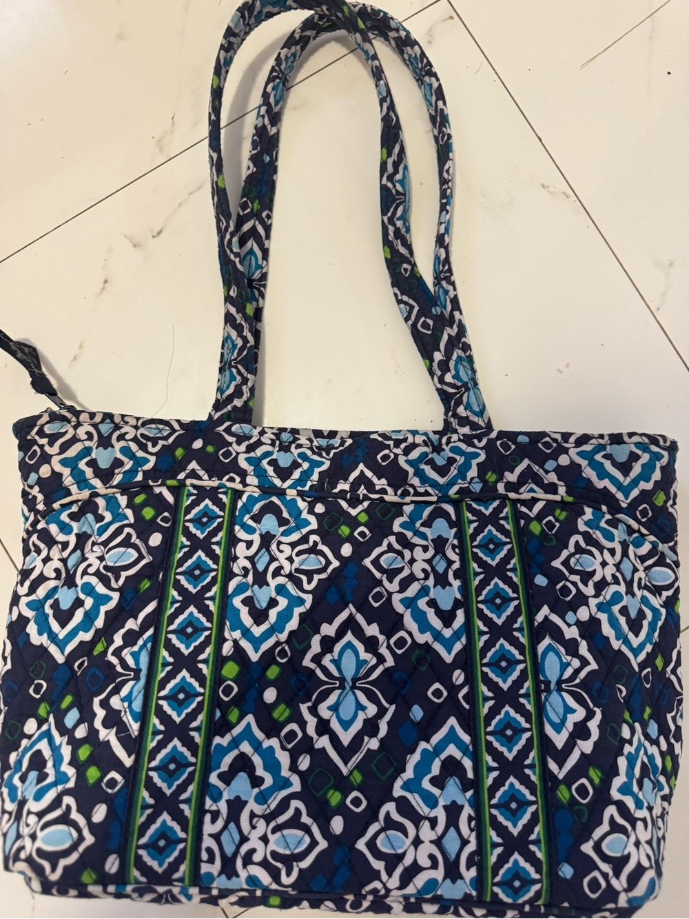 Quilted Patterned Tote Bag in Navy, Blue & Green